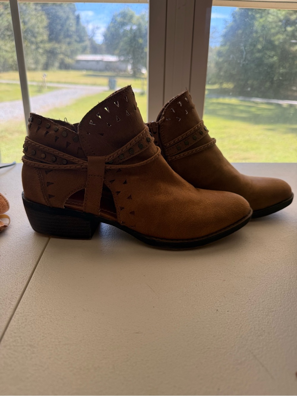 Sugar Brown Cutout Ankle Booties with Studded Wrap Strap